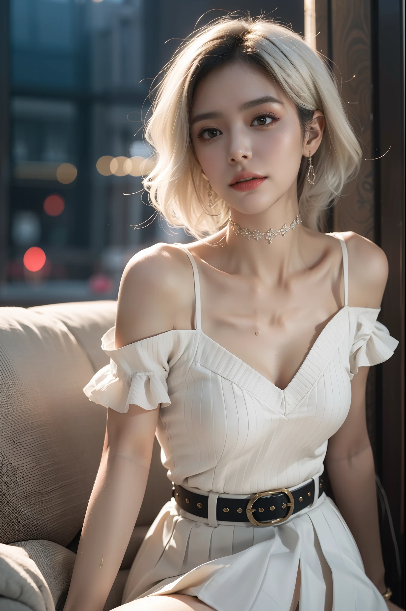 extremely delicate and beautiful, masterpiece, Best Quality, ultra high resolution, 16k, Photorealistic, ultra-detailed, Very detailed CG 8k wallpaper, Beautiful Lighting, Perfect Lightning, Realistic Shadows, anatomically correct, Detailed shiny skin, perfect figure, Latino, late 20s, Slim body, Slim abdomen, small head, handsome detailed woman, very detailed eyes and face, realistic face proportions, Stunning detailed eyes, Realistic small beautiful face, Realistic small beautiful eyes, double eyelids, makeup, tearful mole, mole on chest, earring, ((((huge round breasts)))), full body shot, short wavy hair, (((white bronze hair))), cleavage, bare legs, Soft midriff, Fine Collarbone, beautiful and very thin legs, beautiful and very thin thighs, bare shoulders, bare legs, ((white button up shirt)), Wet, at bed,