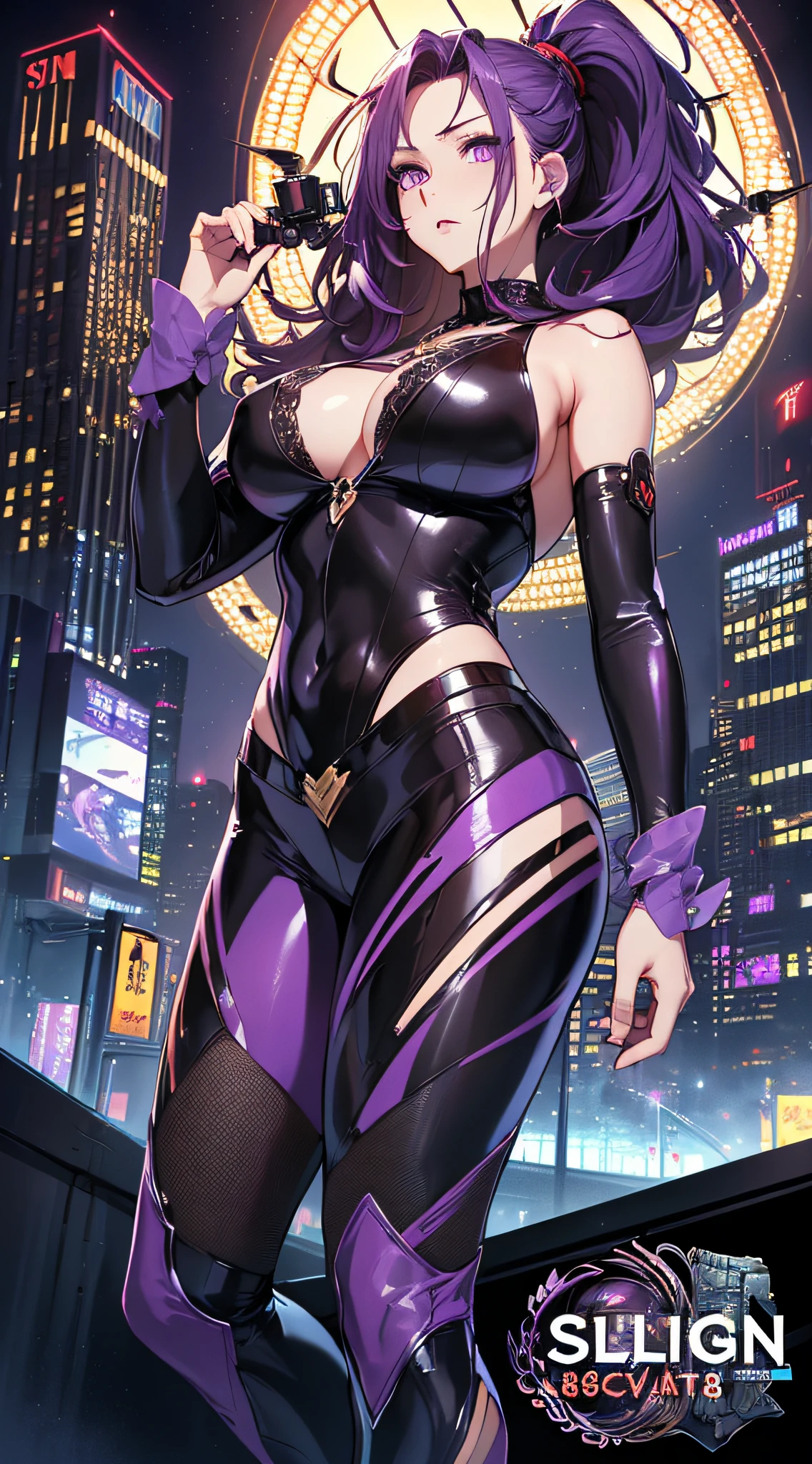 top-quality、Top image quality、masterpiece、girl with((18year old、Best Bust、big bast,Beautiful purple eyes、Breasts wide open, Purple ponytail、A slender、Large valleys、Purple Open Chest Rider Suit,Red high heels、Reflecting the whole body、Purple Necklace、Red face、Slippery texture、up chest、head phone,Has a stun rod))hiquality、Beautiful Art、Background with((A city that shines at night)))、Depth((Mass Flying Drones)),masutepiece、visualart、depth of fields、