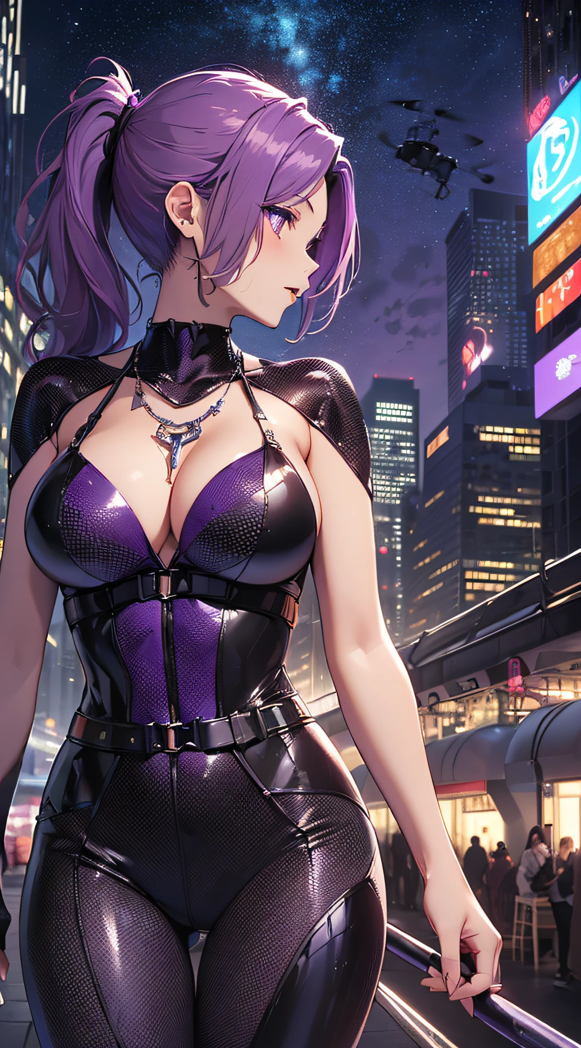 top-quality、Top image quality、masterpiece、girl with((18year old、Best Bust、big bast,Beautiful purple eyes、Breasts wide open, Purple ponytail、A slender、Large valleys、Purple Open Chest Rider Suit,Red high heels、Reflecting the whole body、Purple Necklace、Red face、Slippery texture、up chest、head phone,Has a stun rod))hiquality、Beautiful Art、Background with((A city that shines at night)))、Depth((Mass Flying Drones)),masutepiece、visualart、depth of fields、