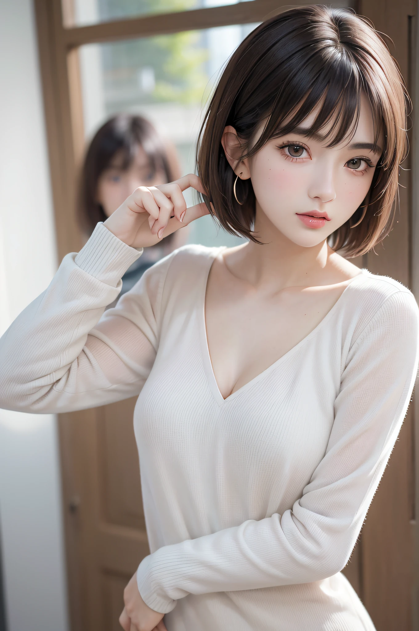 (8k, RAW photos, top quality, masterpiece: 1.2), ultra detailed, super resolution, (real, real photos: 1.37), portraits, high definition RAW color photos, professional photos, very detailed and beautiful, highly detailed, 8k wallpapers, amazing details, huge file size, official art, highly detailed CG Unity 8k wallpapers, highly detailed beautiful girls, highly detailed faces, Highly Detailed Eyes, Highly Detailed Skin, Highly Detailed Fingers, Very Detailed Nose, Highly Detailed Detailed Mouth, Perfect Anatomy, Detailed Background, Detailed Clothes, One Girl, (20:1.2), 20s, Cute Girl, Realistic Body, Petite, White Skin, Radiant Skin, Slim Body, Black Hair, Short Hair, (Blunt Bangs: 1.2), Cute, Youthful, Pretty Face, Realistic Face, Delicate Eyes, Sale Eyes, ( (Fashionable winter clothes)), ((Up)), ((((Short hair)))), Earrings, Looking at the camera, Cowboy shot, Facing Front, Standing Posture, Contrapposto, Dynamic Lighting, C Cup Breasts,