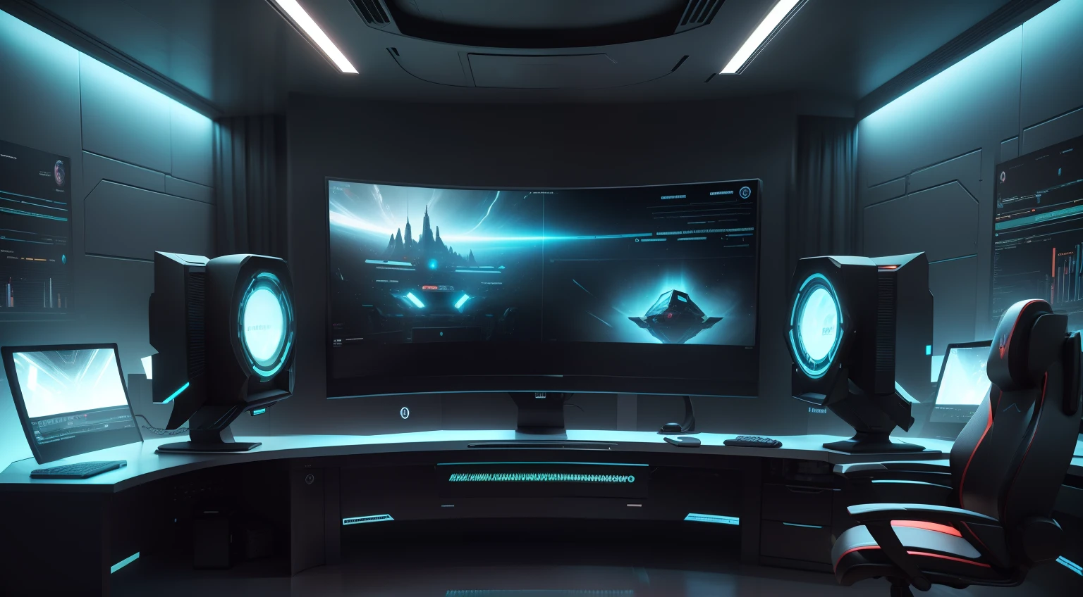 There is a computer desk with a large monitor, quarto gamer, monitor de computador enorme, Futuristic setting, Atmosfera futurista, futuristic lighting, Interior futurista, 3D-rendering