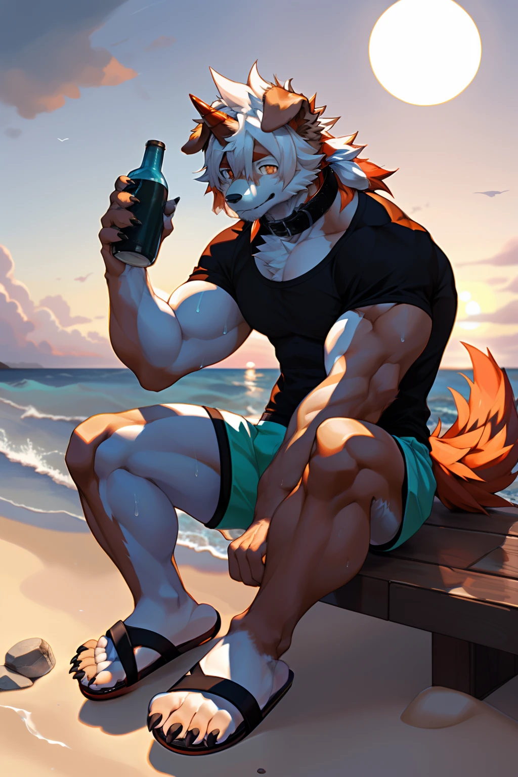 (by Hioshiru, by null-ghost, By personalami, by Honovy, by thebigslick, author：Feinhertz), Male, Solo, domestic dog，Doggy, Red horns, floppy ears, clawed paws, view the viewer，On the beach，the ocean，On the beach，Sexy，The upper part of the body，lowerbody，（Sweat：1.9），gasps，upper legs，small thighs，white legwear，〈Have a strong figure〉，opens his eyes wide，A collar is worn around his neck，Dog leash，Be red in the face，Desire for dissatisfaction，the shy，gentle，Temptation of the，intoxicated，gasps，Eyes are focused，sideface，Keep your eyes wide open，Heads-up，Tall and strong，Fluffy tail，Orange tail，Masterpiece, Best quality, offcial art, Extremely detailed Cg Unity 8K wallpaper, Ultra-detailed, Best Illustration, Best shadow, Perfect lighting, bellow (/arknight/), White fur, Furry male, Dog boy, Furry, Two-tone fur, 1boys, multicolored hair, Male focus, Horns, Striped hair, Dog ears, Animal ears, single horn, Brown fur, bangs, Orange hair, White hair, Medium hair, Orange eyes, Black pupils，Solo,Muscle men，whitet-shirt，blue swim briefs，whitestocking，sideface，Sit Pose，The erection，massive bulge，full bodyesbian，Swimming goggles，Hair is supple，Raise your hands high，slippers，Close your left eye，sandcastle，coconut palms，Pick up the bottle with your left hand，Sit on a folding recliner，enjoying，coconut，Five fingers，Five toes，black fingernails，setting sun