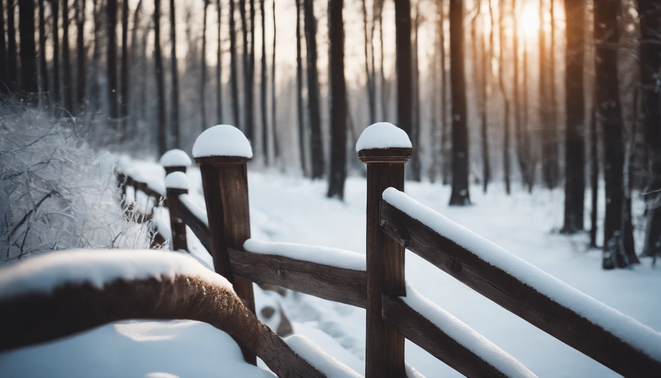 A rustic wooden fence covered in snow, with a winding path leading through a winter forest, inviting you to explore the magical winter wonderland.