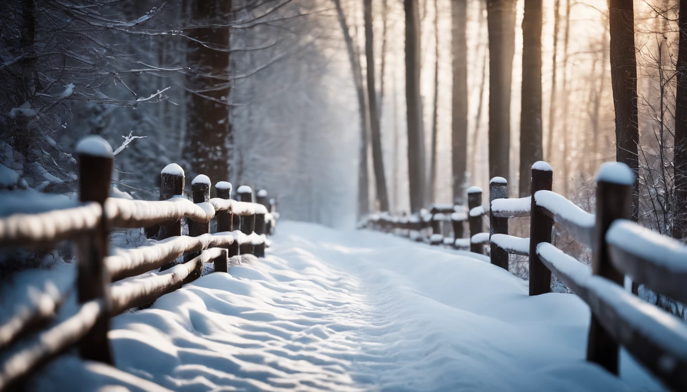 A rustic wooden fence covered in snow, with a winding path leading through a winter forest, inviting you to explore the magical winter wonderland.