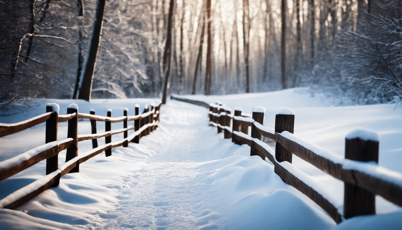 A rustic wooden fence covered in snow, with a winding path leading through a winter forest, inviting you to explore the magical winter wonderland.