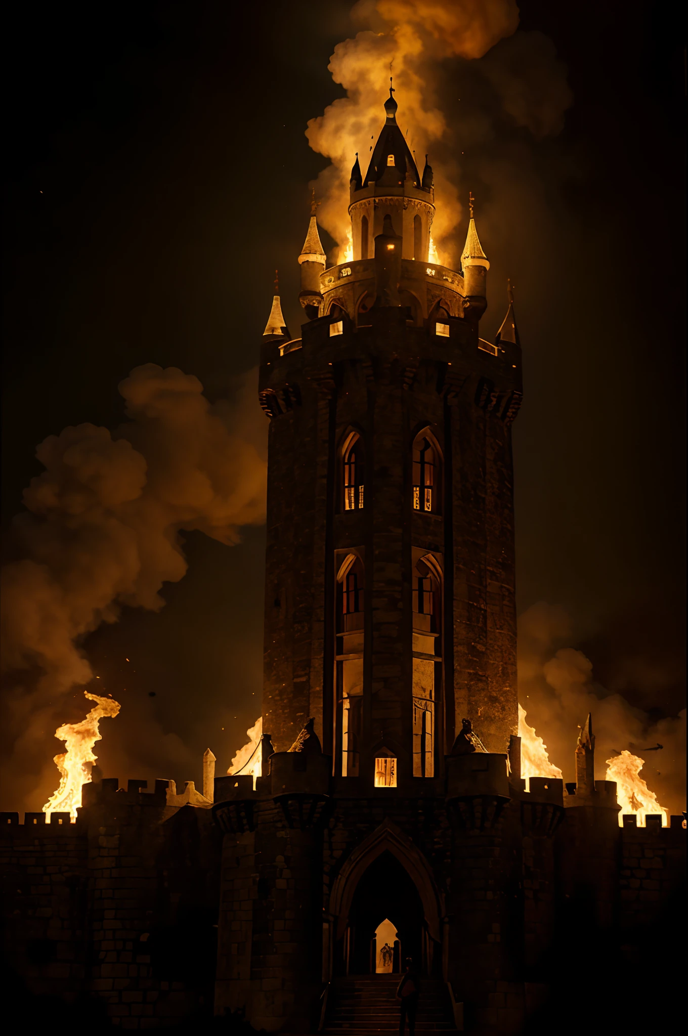 Game of Thrones style golden dragon in a medieval castle, With three towers burning, a noite, camponeses correndo, Blood Sky