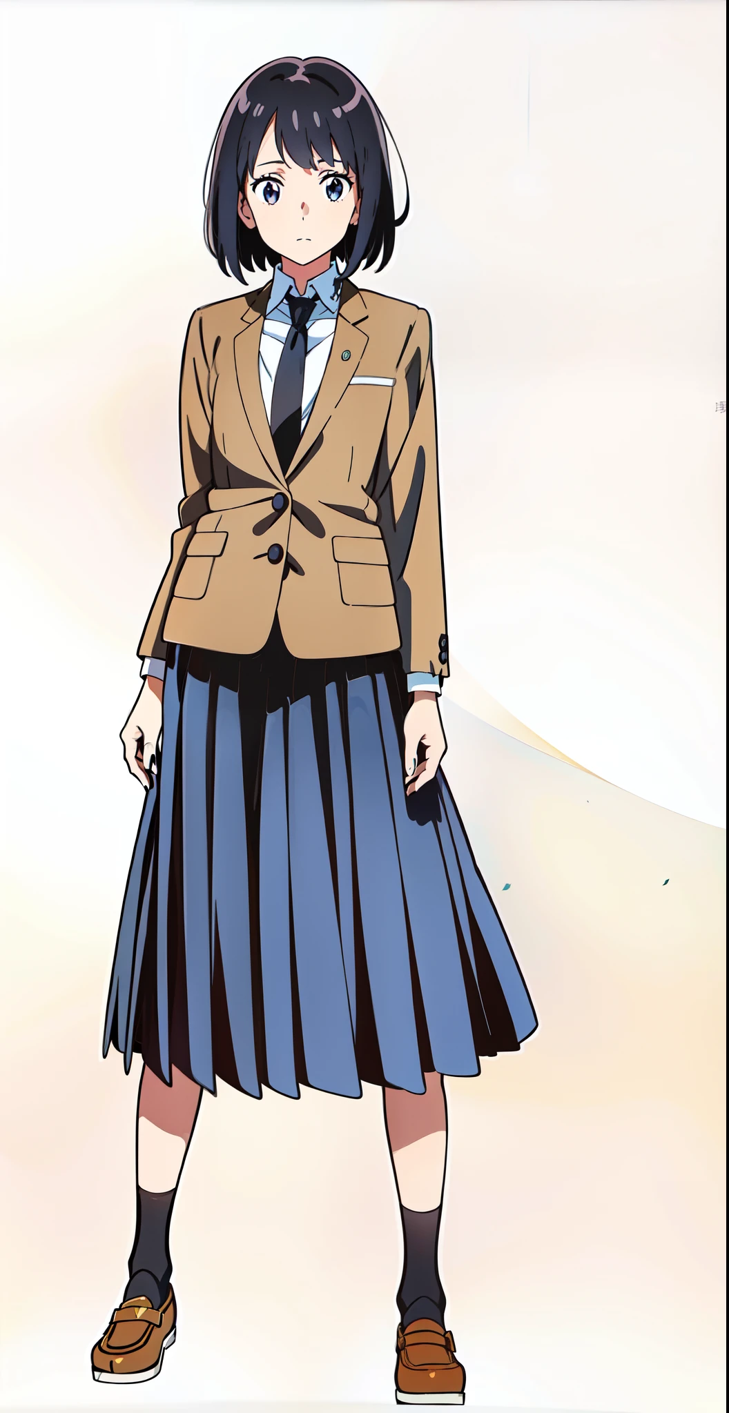 (black skirt:1.5), (anime:1.5), (official art:1.5), (white background:1.0), (best quality:1.0), (masterpiece:1.0), (full body:1.0), (solo:1.0), (a 18yo cute girl:1.0), (long skirt:1.0), (dark blue skirt:1.0), (pleated skirt:1.0), (school uniform beige blazer:1.0), (dark blue necktie:1.0), (black socks:1.0), (loafers:1.0), (ideal ratio body proportions:1.0), (lanky:1.0), (tall:1.0), (slender:1.0), (small breasts:1.0), (smaller face:1.0), (tareme:1.0), (detailed beautiful eyes:1.0), (detailed beautiful face:1.0), (glowing black eyes:1.0), (bob cut hair:1.0), (black hair:1.0)