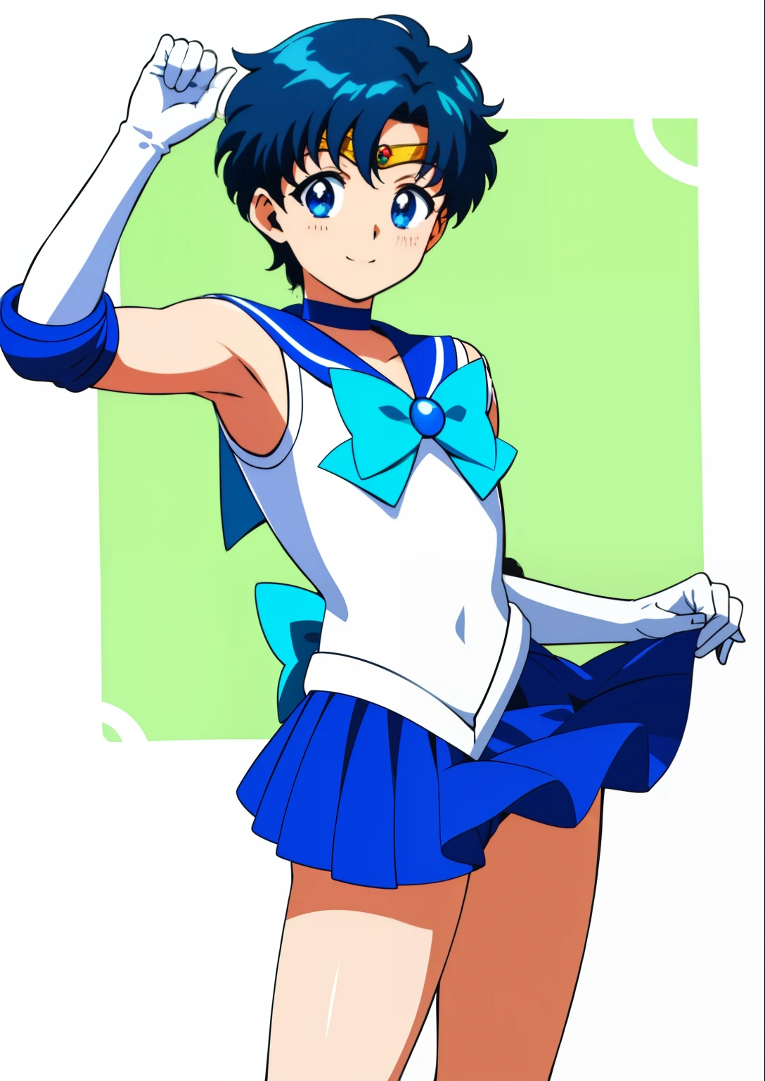Anime Boy、Handsome boy、 boys、Ami Mizuno、gender change、Sailor Mercury、gender change(Girls to boys)、rating:safe、Sailor Senshi Uniform、Blue choker、Blue sailor collar、Sky blue bow tie、solo、Very short blue-haired boy、Magical Boy、Blue knee boots、Blue Heeled Boots、Blue-eyed boy、White leotard、highleg leotard、robe blanche、a blue skirt、white glove、elbowgloves、skirt、bow、green_background、circlet、back_bow、sparkle、smile、jewelry、full_body、a miniskirt、pleatedskirt、耳Nipple Ring、brooch、blue_bow、sky blue_bow、white_bow、Boy standing、blush、Muscular men、looking_at_viewer、Bare shoulders、bare legs、8K!!、Magical Boy Style、Knight of Zodiac Boy、aya takano color style、!!Full body portrait!!、anime cels, Hymn of the King as a Prince、(1990's\(styles\):0.9)