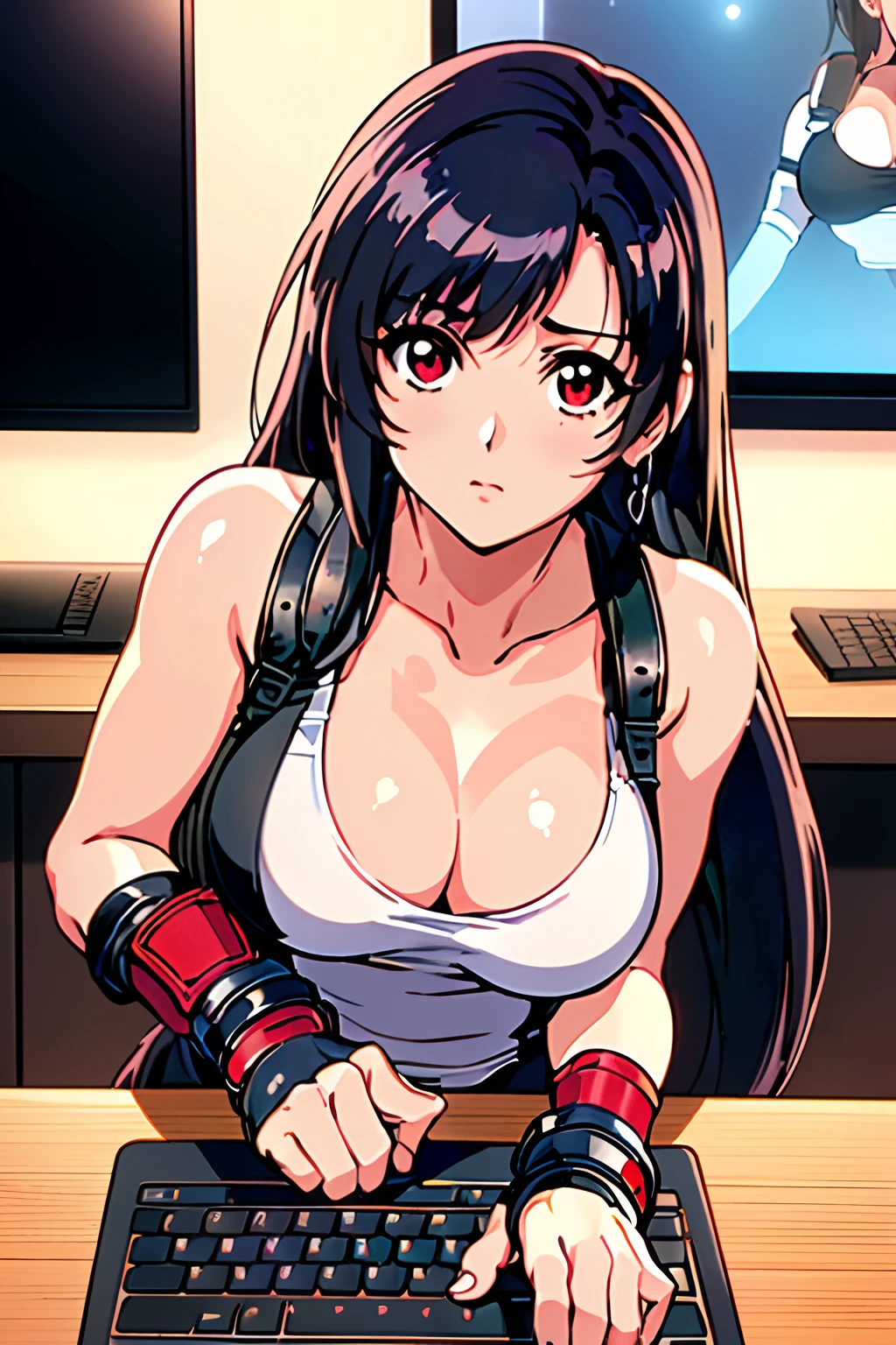 (top-quality:1.3), (masterpiece:1.4),(Anatomically correct), (Full limbs),(complete fingers),(Precise fingertips), (Fine details),(8K),Photorealista,(Super Detail),(90s Anime,9 0 s anime,9 0 s anime style,anime cels,cel shaded anime),(Tifa Lockhart:1.52), (1人の女性:1.5),(Beautiful woman blogging on computer :1.37),(Staring at your computer screen:1.25),Young woman secretly looking at computer screen, With a nervous look
