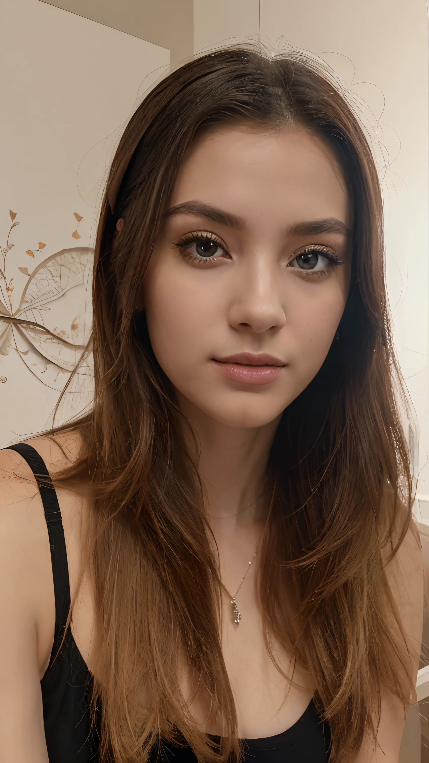 Photo of a 20 year old brunette woman., que tiene una cara muy natural, labios delgados, ojos delgados, cejas finas, nariz fina, pendientes, long eyelashes. Ella hace una linda selfie entre las flores