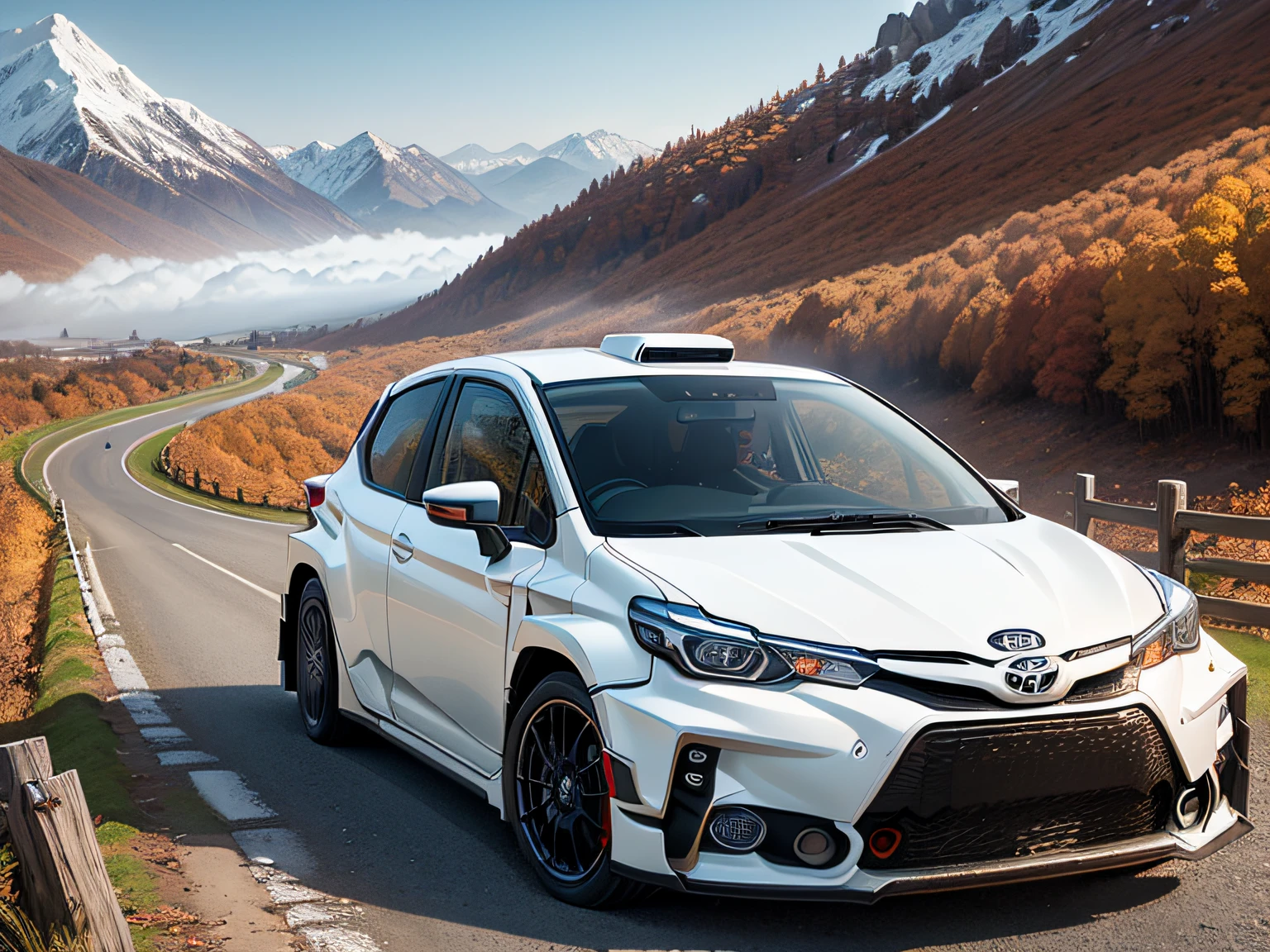 超A high resolution、An ultra-high picture quality、8K、Detailed details、marvelous expression、Late autumn valley、Beautiful autumn leaves、A car driving on a mountain road built along a mountain with sand smoke、((Toyota YarisＷＲＣ))