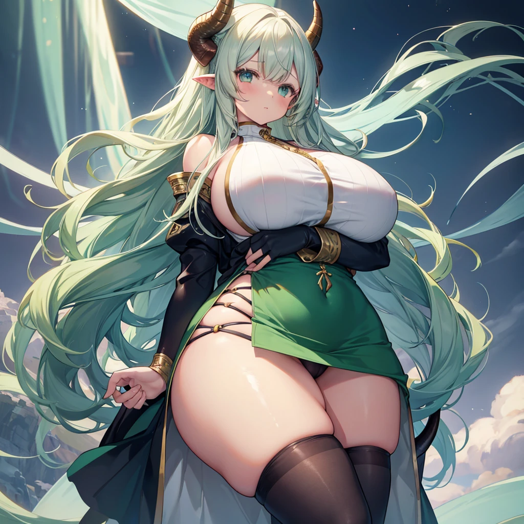 1 girl,proud,Big Girl,Very big horns,ox’s horn,Brown skin,wavy and long hair,Silvery hair,green colored hair,huge tits,big
breasts, thick thighs,Huge ass,thick waist,thick body,not any dressed,Exposed,Fluffy hair,Dragon's tail,Dragon Girl,big arm,large legs,barechested,thick tail,long tail,Big horn,
