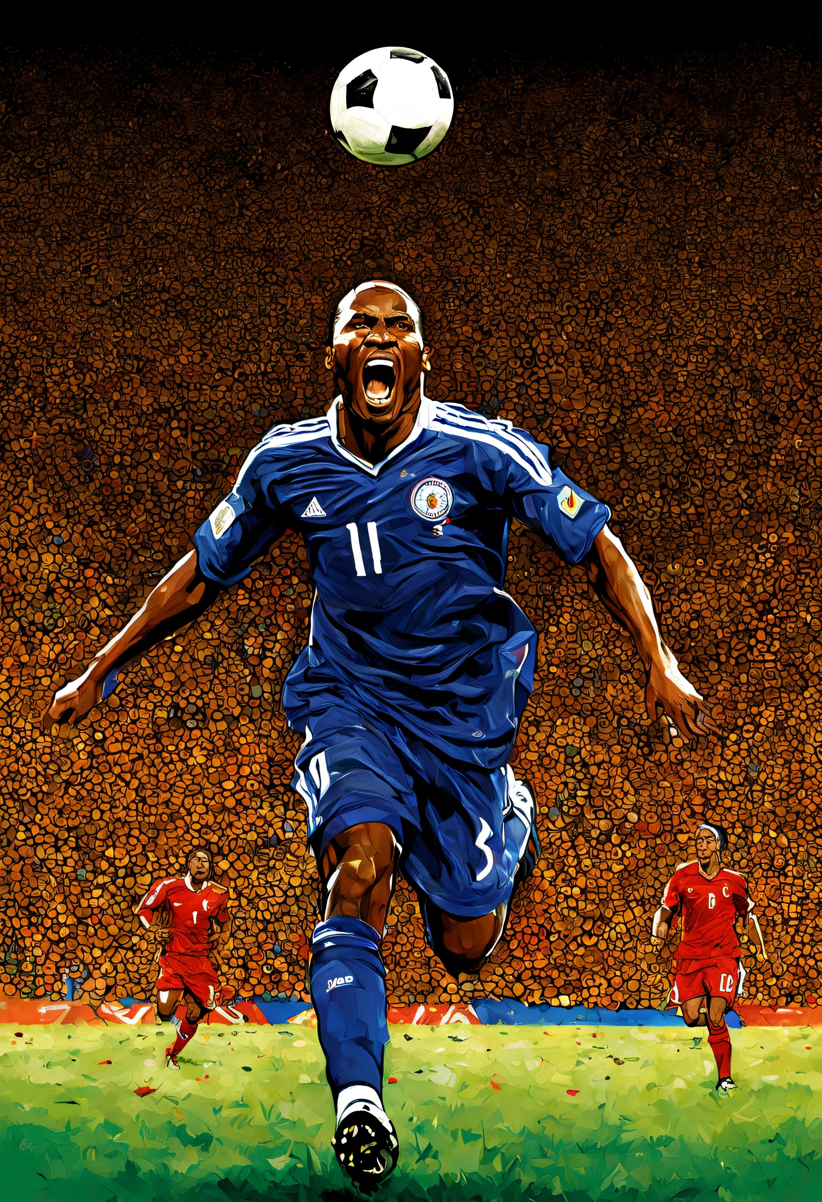 "Witness the legendary moment when Drogba led his team to victory in the 2006 World Cup, depicted in a dramatic and captivating artistic interpretation."