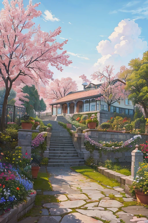 (masterpiece, top quality, best quality, official art, beautiful and aesthetic:1.2),extreme detailed,colorful,highest detailed,branch, building, chain-link fence,, fence, , outdoors, petals, landscape, rain, tree,sky,street