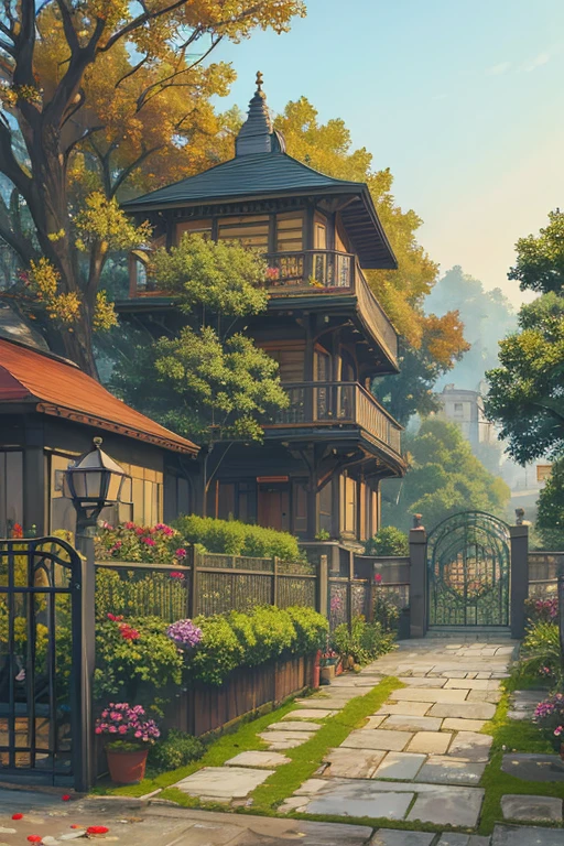 (masterpiece, top quality, best quality, official art, beautiful and aesthetic:1.2),extreme detailed,colorful,highest detailed,branch, building, chain-link fence,, fence, , outdoors, petals, landscape, rain, tree,sky,street