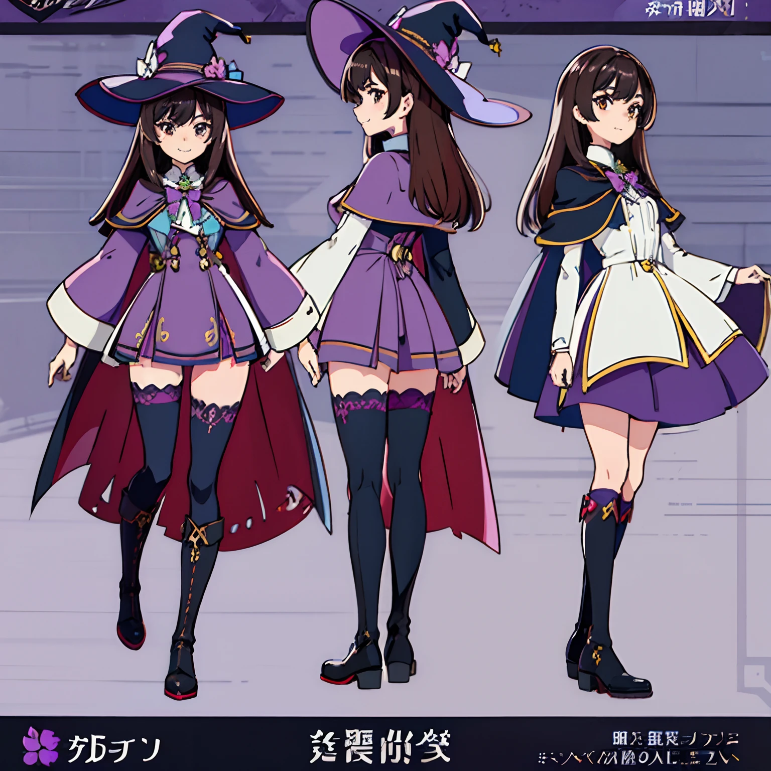 Master piece, highly detailed, full hd 8k, perfect face, hands, body. Character design sheet, multiple views, front view, side view, back view. genshin impact style, full-body, standing, 1 girl,  30 years old, witch, brown long hair, brown eyes, mischievous smile, fangs, sharp teeth, mischievous look, medium breasts, witch purple outfit, style magic girl, short dress, big witch hat, thighhighs, cape, leater boots, digital background, information