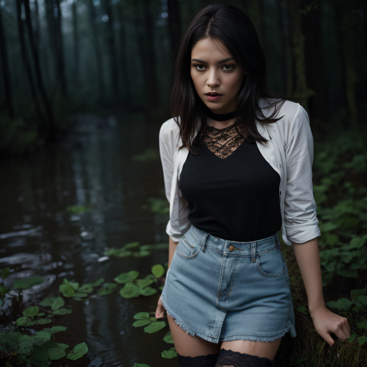 (Best Quality,4k,hight resolution,Masterpiece:1.2),Ultra-detailed, HDR lighting (dark and mysterious), Realistic,emotion,The woman,black nails,countenance (Powerful & impassioned), sheer lace stockings,jeans skirt,Erotic pleasure in clothes,drowning in a swamp,gloomy ecstasy,sexypose,Engrossed Hand Masturbation:1.3,Caresses herself through clothes,Standing