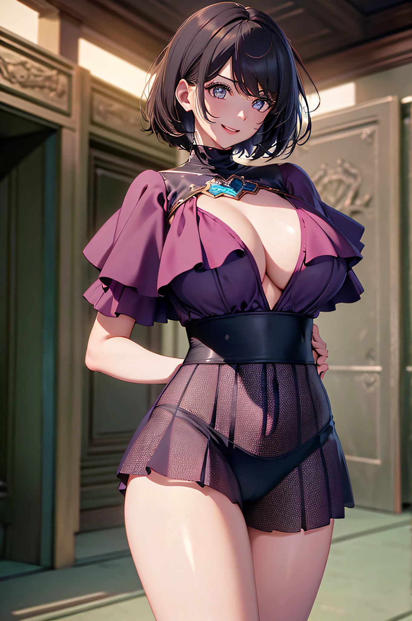 (1 Ultimate Beautiful Mature Woman)、hyperdetailed face、Detailed lips、Detailed eyes、二重まぶた、Short brunette hair, ((Laugh))、((large full breasts))、(thighs thighs thighs thighs)、(Sexy costume)、(cowboy shot:1.3), Perfect fit, depth of fields、Perfect image realism, Background with:((Secret Room of the Members Club))、In-depth background, detailed costume, Perfect litthing、Hyper-Realism、Photorealsitic、8K maximum resolution, (masterpiece), ighly detailed, Professional
