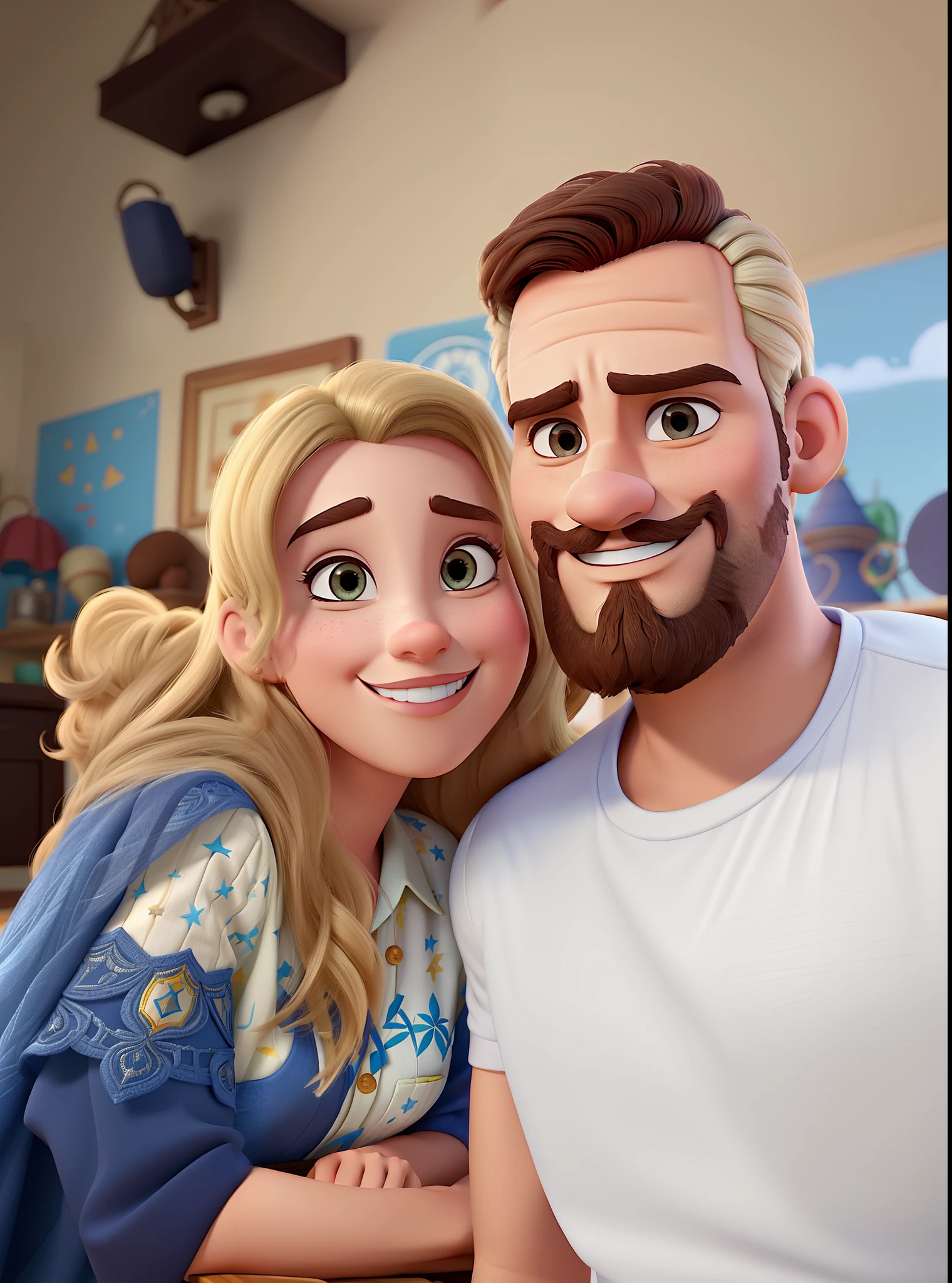 Casal (homem branco e mulher branca) no estilo Disney Pixar, alta qualidade, melhor qualidade.