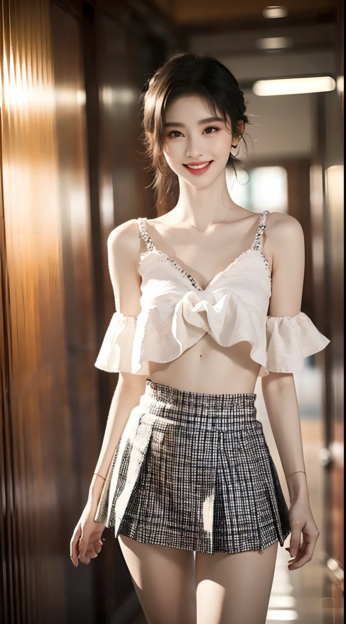 ((knee shot)), Korean school uniform,White color blouse, cropped shoulders, black short skirt, Bright blonde hair,In the hallway, standing on your feet, leaning against the railing, Cross ed leg, posing elegantly, Look into the distance, 8K original photos,A high resolution,20yr old,Korean model,beautiful eyes in detail,long eyelasher,beautiful double eyelid,eye shadows,eyes liner,Elongated eyes,Elongated eyes,Elongated eye shape, Sanbai's eyes,evil grin smile,Evil expression,Beautiful very thin legs,slender leg,Random medium hair,Hair tied behind the head,耳Nipple Ring, Heavy makeup, Gorgeous makeup, ((warm lights, a warm color palette))