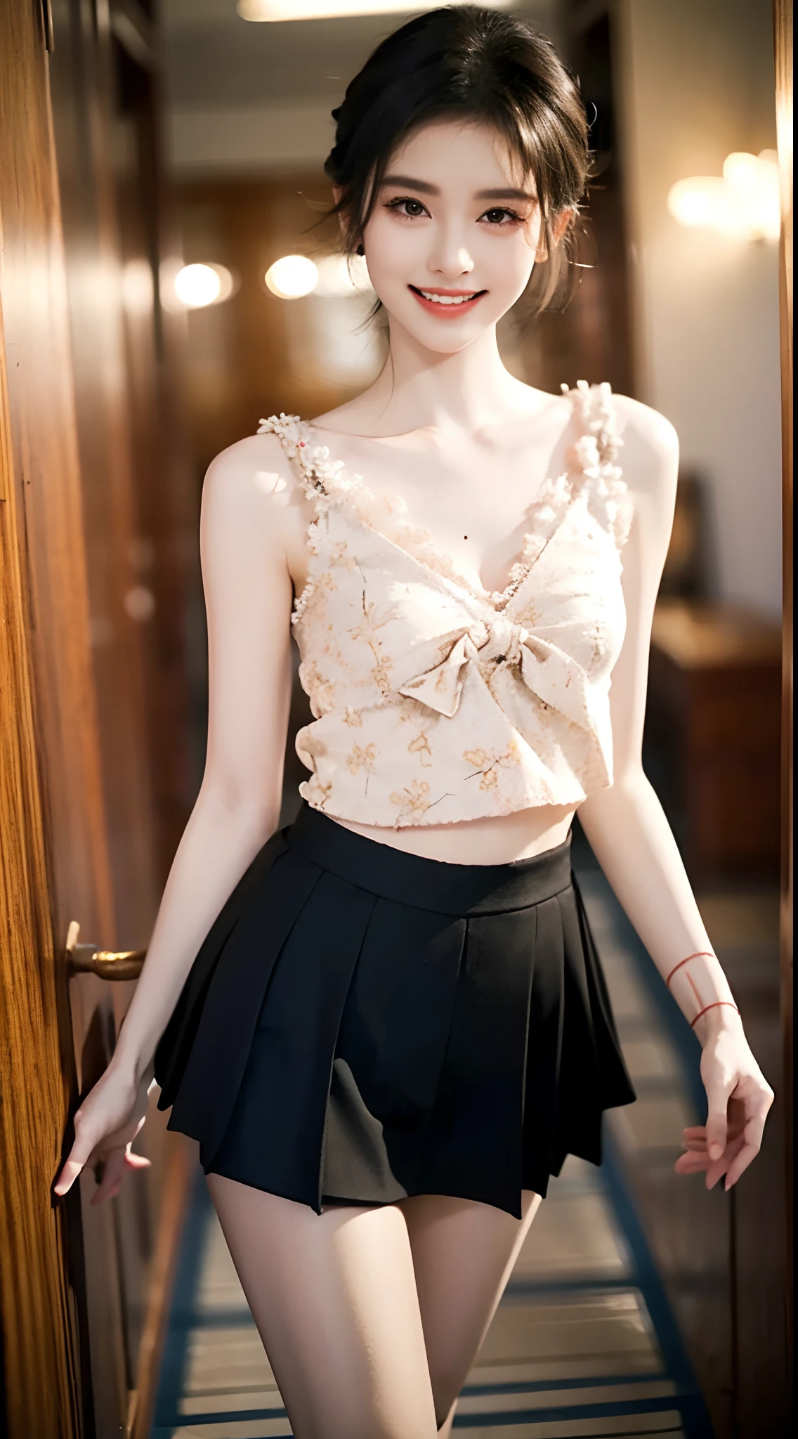((knee shot)), Korean school uniform，White color blouse, cropped shoulders, black short skirt, Bright blonde hair，In the hallway, standing on your feet, leaning against the railing, Cross ed leg, posing elegantly, Look into the distance, 8K original photos，A high resolution，20yr old，Korean model，beautiful eyes in detail，long eyelasher，beautiful double eyelid，eye shadows，eyes liner，Elongated eyes，Elongated eyes，Elongated eye shape， Sanbai's eyes，evil grin smile，Evil expression，Beautiful very thin legs，slender leg，Random medium hair，Hair tied behind the head，耳Nipple Ring, Heavy makeup, Gorgeous makeup, ((warm lights, a warm color palette))