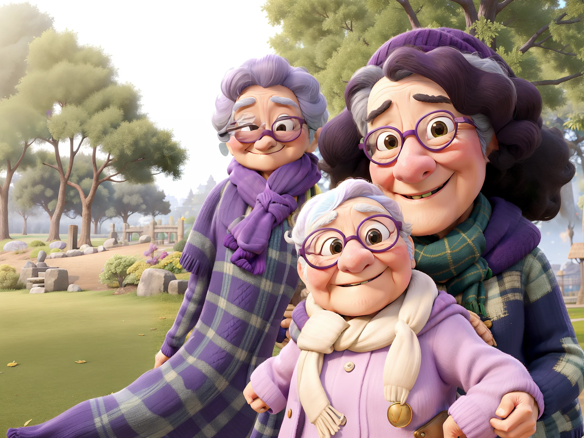 masterpiece, best quality, an old woman with glasses and a scarf on, wearing a purple coat and green scarf, standing at the park