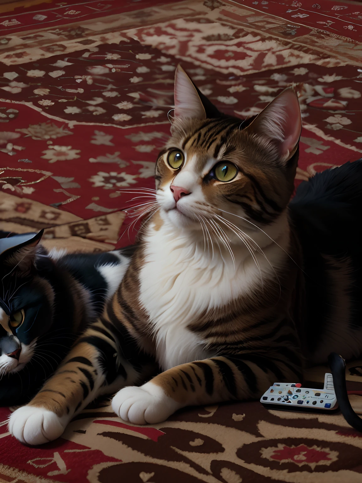 there are two cats laying on a carpet with remote controls, two cats, cats playing poker, cat photo, two buddies sitting in a room, mid shot portrait, portrait shot, regal pose, awesome cat, taken with a pentax k1000, taken with canon eos 5 d, looking away from the camera, looking away from camera, cats playing chess
