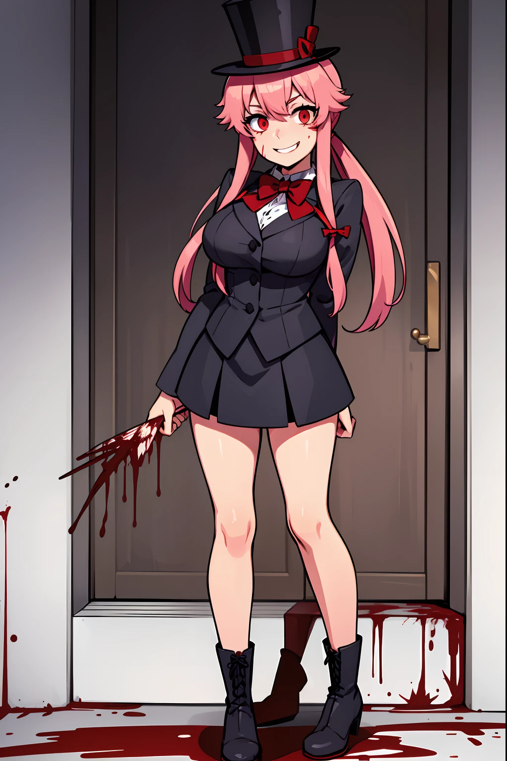 yuno gasai, long hair, pink hair, smile, low twintails, yuno gasai, (Black, Lilien Tailcoat Black Pure Rose:1.37), (large breasts:1.5), 1girl, red eyes, (night:1.1), (evil eyes:1.1), Ladies Lace Up Boots, blood, (black trousers:1.1), (out door:1.5), (top hat:1.5), (evil:1.5), jack the ripper, (blood on body:1.5), (evil eyes:1.4), 4k, 8k, killing, best quality, masterpiece