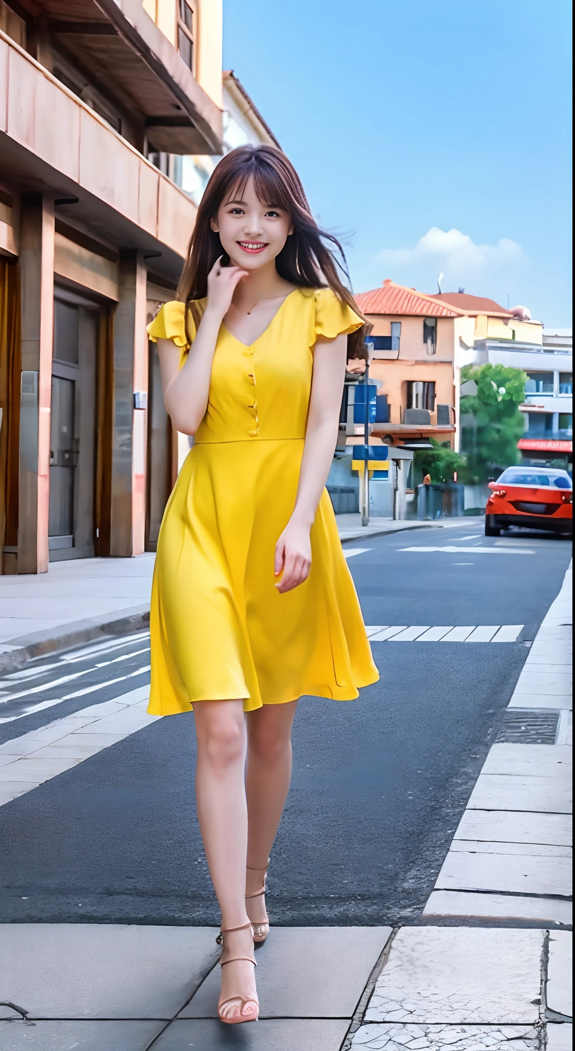 fanart; 1girl in, Wearing a yellow dress，Outdoors, Clear blue sky， ultra-detailliert　Cute Beautiful Girl，Realistic image，Explore the halls of a foreign country，Walking along the sidewalk，High-definition images seen from a distance，Smile while looking at the screen，