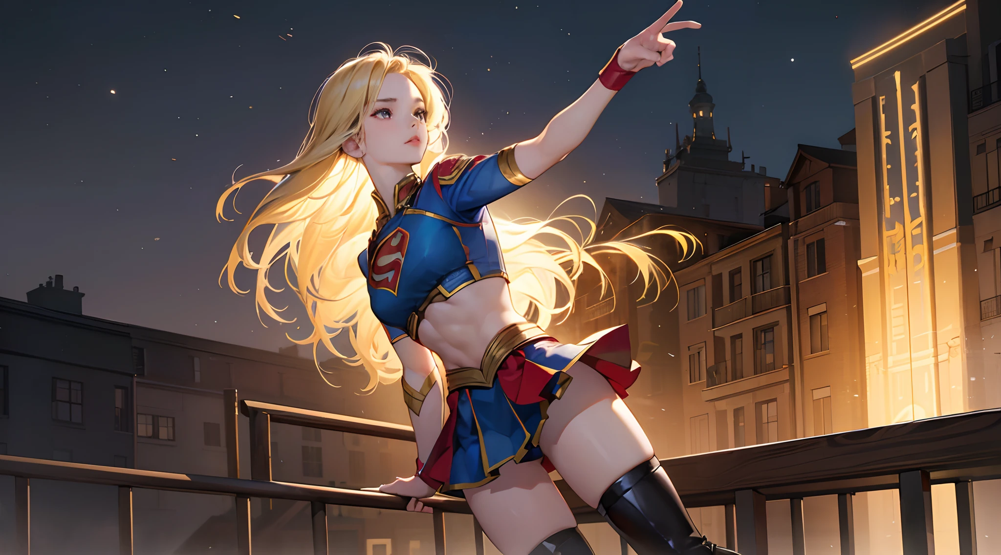 ((Realistic Lighting, Best Quality, 8K, Masterpiece: 1.3)), Focus: 1.2, 1girl, Chinese beauty in perfect shape: 1.4, Fine Abs: 1.1, ((blonde hair)), (Supergirl uniform, atex: 1.4) BDSM ARMS BACK (Woodwood background, Night: 1.1), City streets, Super thin face, Thin eyes, Double eyelids, Miniskirt latex, (Black socks over the knee: 1.5)