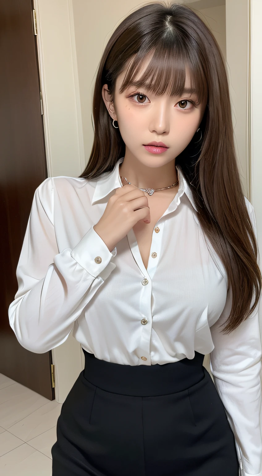 (Best Quality, 8K, masutepiece, Ultra HD: 1.3), 1girl in, small tits ,light brown hair, Blunt bangs, hair behind ear, hair over shoulder, Long hair, slender body shape, Ultra Fine Face, Delicate lips, Beautiful eyes, Double eyelids, lipsticks, thin blush ,Black eyes ,perfect glossy skin,flawless skin fair white skin ,Glistening sweat,A gaze that invites you, Chest,Ultra-thin hands, Ultra-fine fingers, shirt with collar, tight skirts , beauty legs ,Low Heels. outside of house、In the middle of a date