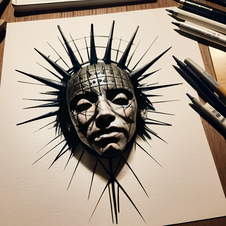A collaboration that bridges diverse artistic fields、『Hellraiser』Female Pinhead、Reimagined through Aaron Hawkey's meticulous inkwork and Jeremy Mann's atmospheric cityscape style。The composition is、It features an impressive flow of black ink that seems to be integrated with her iconic pin.、It is housed in a photorealistic masterpiece in 8K resolution。Jean-Baptiste Monge's influence、Bring a sense of ancient folklore to this scene、The technique of gouache painting is、It's as if the ink is flowing with the vitality of an untold story、Giving it almost magical fluidity。Elements of hand-drawn calligraphy are、Bring an old-fashioned atmosphere to the work、It echoes the stories of folklore and dark fairy tales that inspire Monge's work。