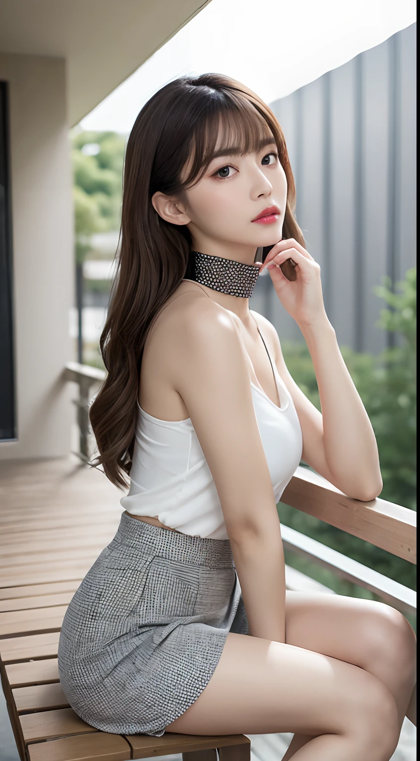 (Best Quality, 8K, masutepiece, Ultra HD: 1.3), 1girl in, small tits ,light brown hair, Blunt bangs, hair behind ear, hair over shoulder, Long hair, slender body shape, Ultra Fine Face, Delicate lips, Beautiful eyes, Double eyelids, lipsticks, thin blush ,Black eyes ,perfect glossy skin,flawless skin fair white skin ,Glistening sweat,A gaze that invites you, Chest,Ultra-thin hands, Ultra-fine fingers, shirt with collar, tight skirts , beauty legs ,Low Heels. outside of house、In the middle of a date