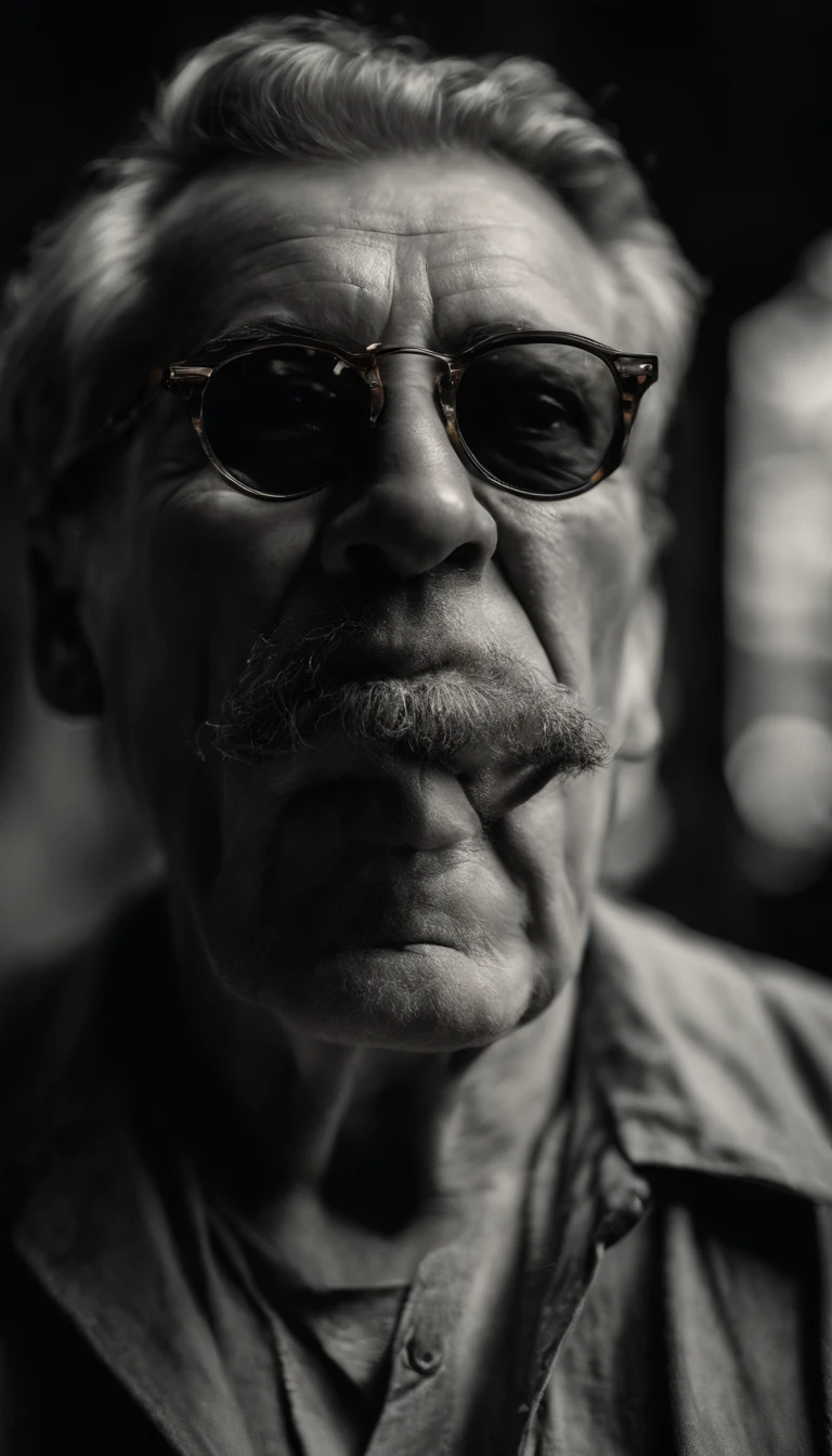 Portrait of a painter,Wear dark glasses..., Smoking cigars, wrinkled, Weathering, With eye piercing, detailed face, high-detail, shooting imaging, natural light, nikon d850, 50 mm., F/1.4,looking at the audience