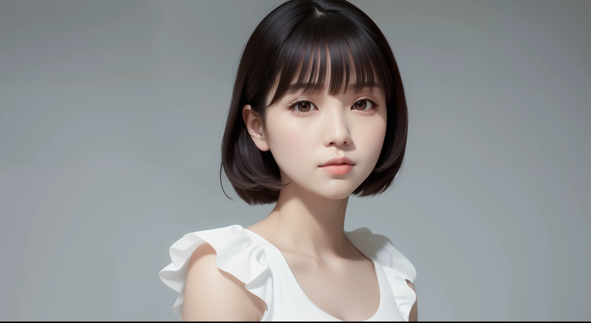 there is a woman with a short hair and a white top, With short hair, jaeyeon nam, Young adorable Korean face, Portrait of female Korean idol, female actress from korea, korean symmetrical face, lee ji-eun, lee ji - eun, Beautiful young Korean woman, kwak ji young, Gorgeous young Korean woman, south east asian with round face