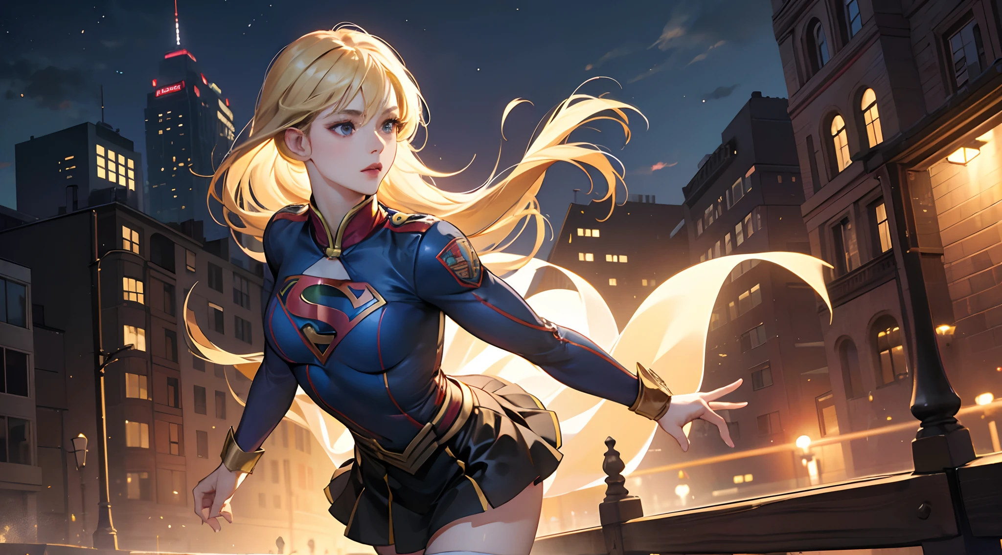((Realistic Lighting, Best Quality, 8K, Masterpiece: 1.3)), Focus: 1.2, 1girl, Chinese beauty in perfect shape: 1.4, Fine Abs: 1.1, ((blonde hair)), (Supergirl uniform, atex: 1.4) BDSM ARMS BACK (Woodwood background, Night: 1.1), City streets, Super thin face, Thin eyes, Double eyelids, Miniskirt latex, (Black socks over the knee: 1.5)