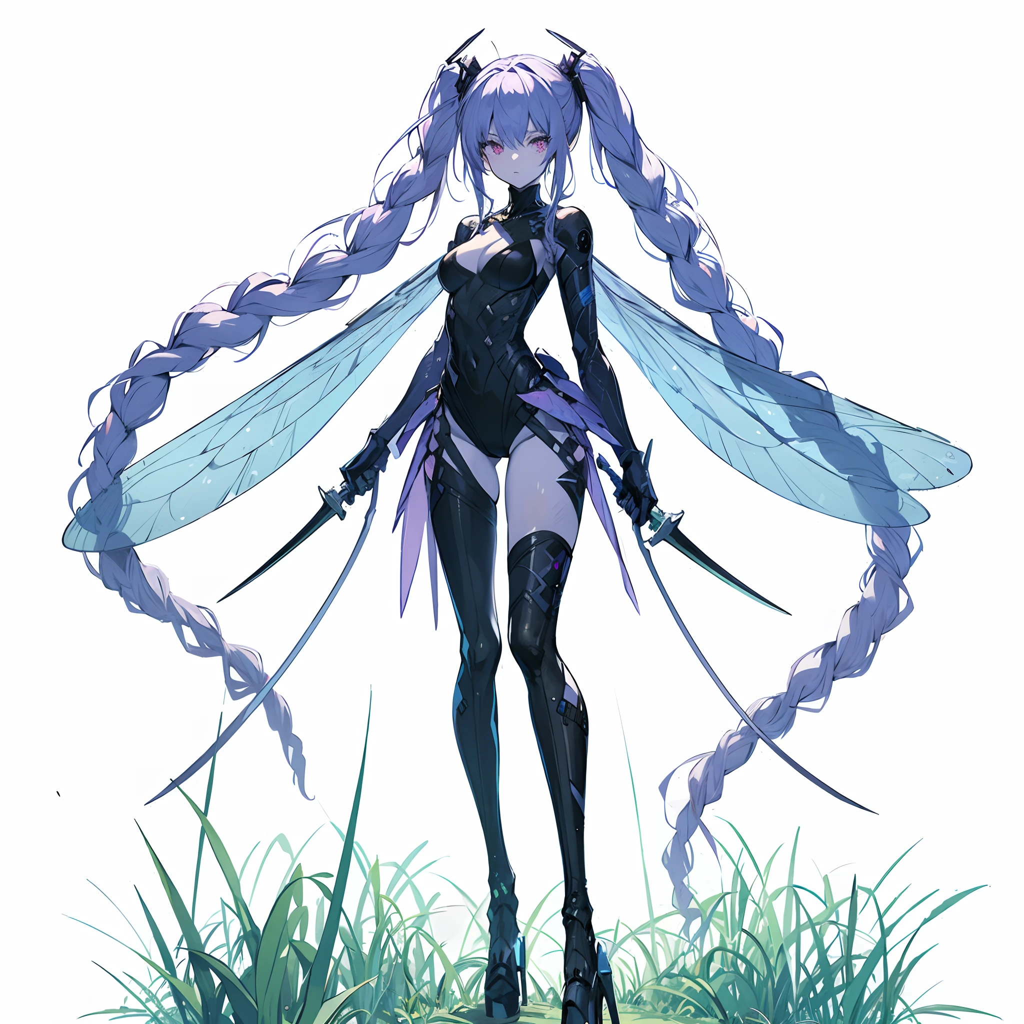 (masterpiece, Best Quality), (Perfect athlete body:1.2), (detailed hairs), Ultra-detailed, Anime style, Full body, solo, cyber punk assassin girl, pale purple-skin and blue hair, insect external features, long braided twin-tale hair, dagger in each hand, Deep-sea vessels, standing by a grass, beautiful and terrible, high-heeled boots, digital painting, 8k high resolution, trending art station, white background, whole body,