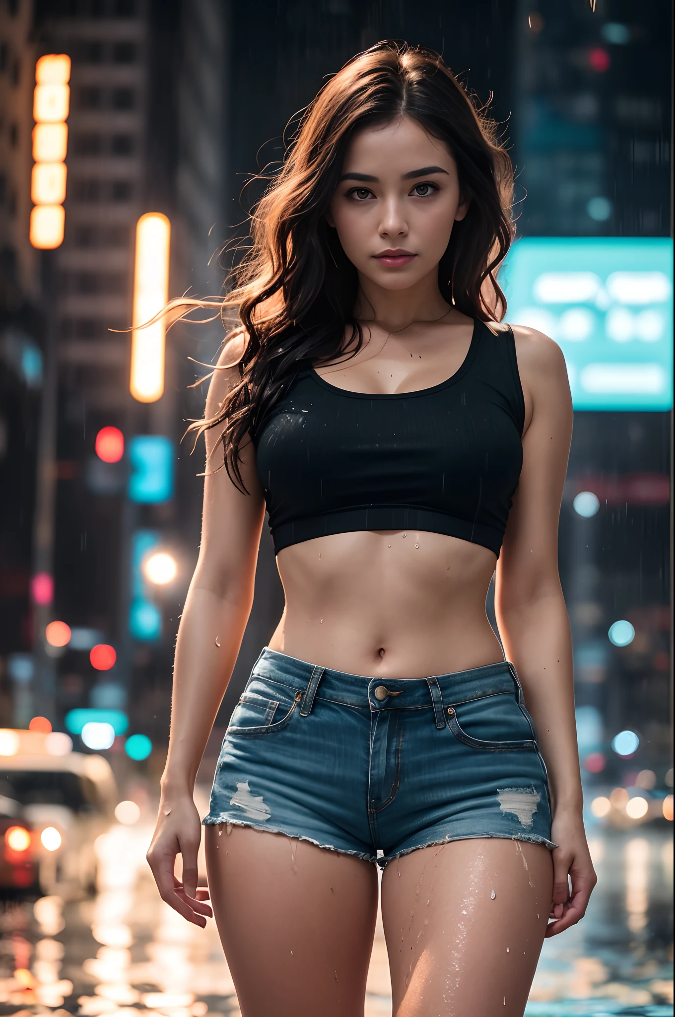 Beautiful woman, dark long hair, big chest, black troop jeans, belt, bikini, just one person, on city street, at night, front view