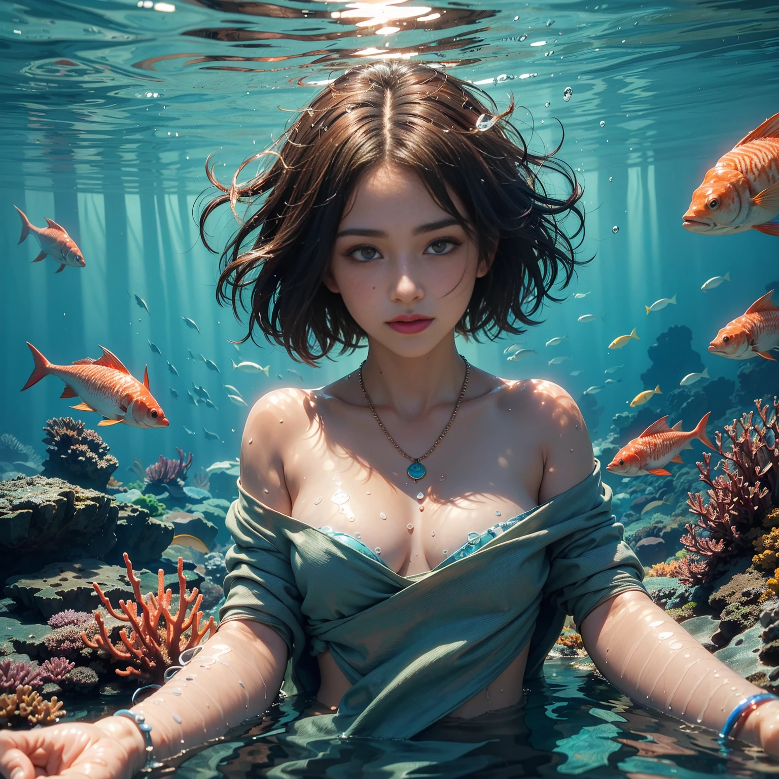 （Highest quality authentic textured skin),(abyssal), (A boy swims in the deep sea:1.5), Handsome facial features, (Sexy short beard:1.5), Burning bright and cold eyes, Strong body, (Shirtless), Bronzed skin,musculous, (He had a mischievous smile on his face),brown  hair,(Dramatic photo:1.4),(flamboyant photo), (Look down at the camera), (A simple necklace hangs around his neck),(Hair flows in water),(Surrounded by redfish),(Underwater, Marine life, Beautiful coral reef, Fish),(Vortices and tidal currents in the background),(Dramaticlight),(Magnificent scene),In the distant background is a temple submerged in a coral reef,the reef,Epic realism,Cinematic feeling,(high-density imaging review:1.5), (Teal and orange:0.4), (Soft color:1.2),Ultra detailed,Dramaticlight,(intricately details:1.1),the complex background,
