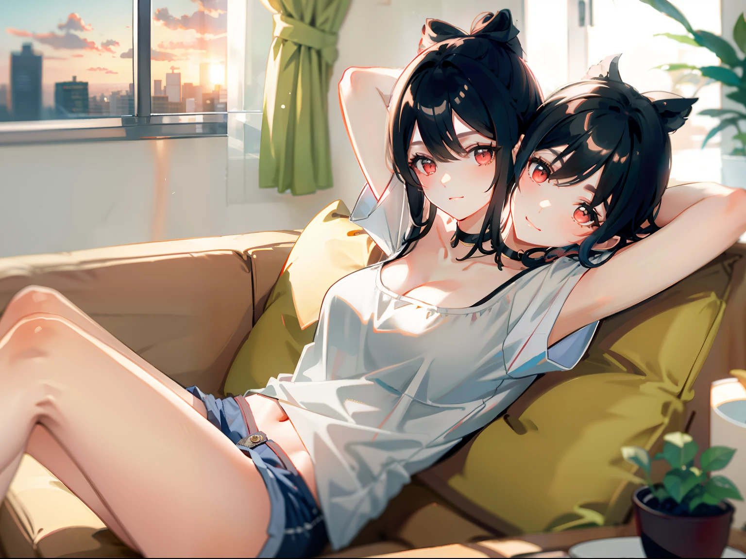 (masterpiece, best quality), best resolution, (2heads:1.5), 1girl, kokomi character, black hair, red eyes, eyes partially open, white t-shirt, tan short pants, lying on a couch, relaxing, living room, apartment overlooking a city, sunset