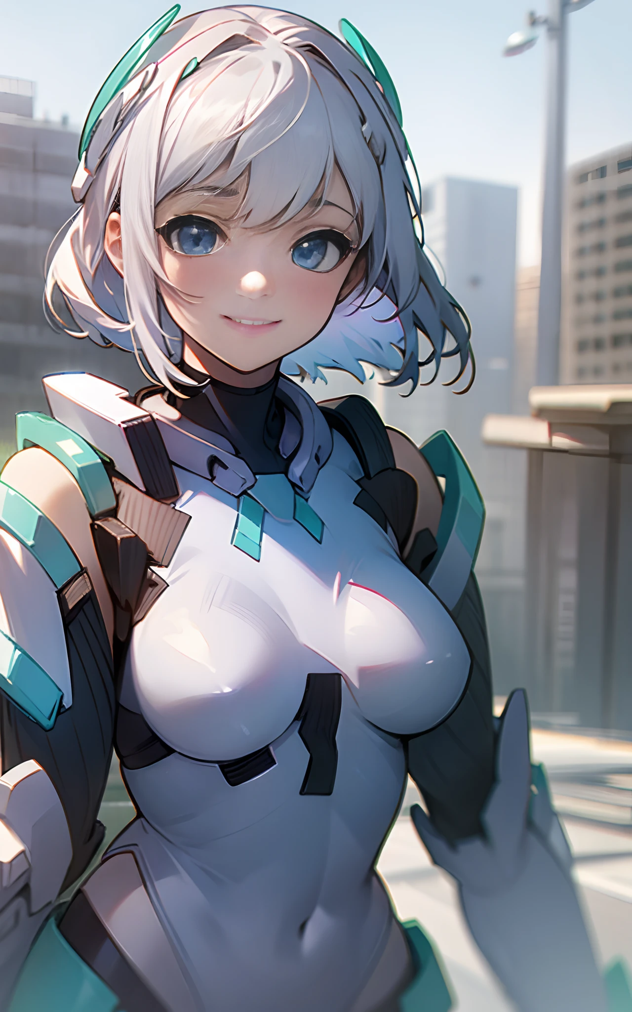 1girl, solo, light smile, deva battle suit, outdoors, white_hair, bobhair, blue_eyes