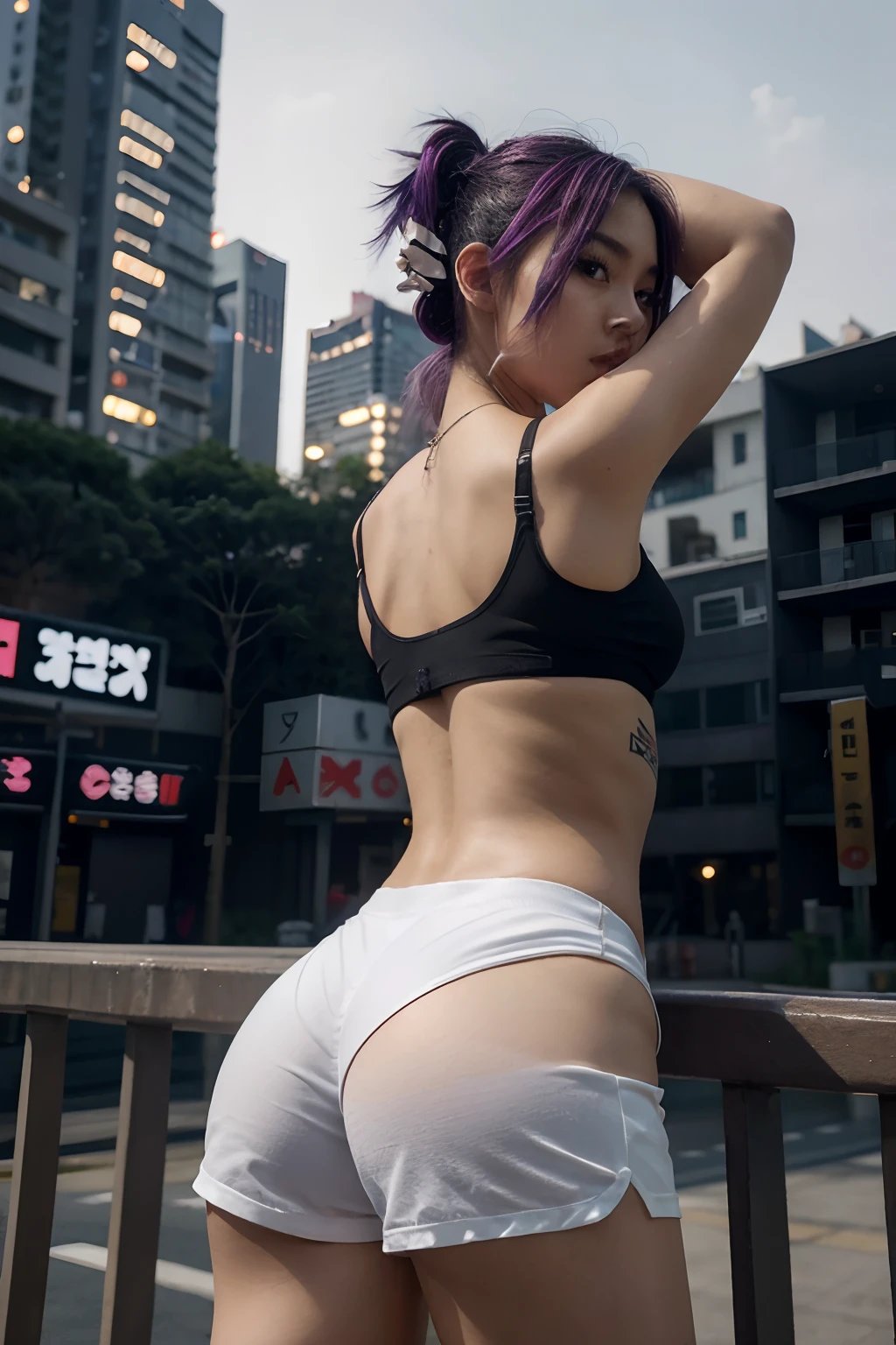 araffe in a black bra top and white shorts in a night city, korean girl, gorgeous young korean woman, back pose, in shorts, cottagecore!! fitness body, toned derriere, thicc, side pose, beautiful south korean woman, booty shorts, 2 4 year old female model, sexy girl wearing shorts, korean woman, lit from behind, heavy makeup, hair ties, slightly open mouth, big eyes, glossy, very pretty face, slender waist, sex pack, light purple hair, tattoo girl