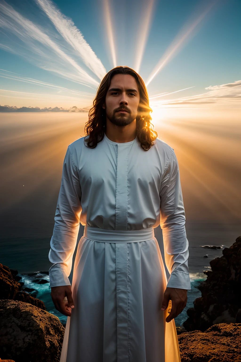 create the image, Jesus young real,serious,saint,real,pacific,Christian religious,Front View, first person, contest winner, art photography, sunrays shine upon it, backlight, god rays, 3D Render, High Dynamic Range Imaging, High Dynamic Range Imaging Video, 32K Resolution, Ultra high Definition, Photorealistic,cinematic, Realistic Lighting, Amazing Color Photography, High Quality Video, Stunning Visuals, Lifelike, Hyperdetailed Photography, High Dimensional Space, Visual Effects