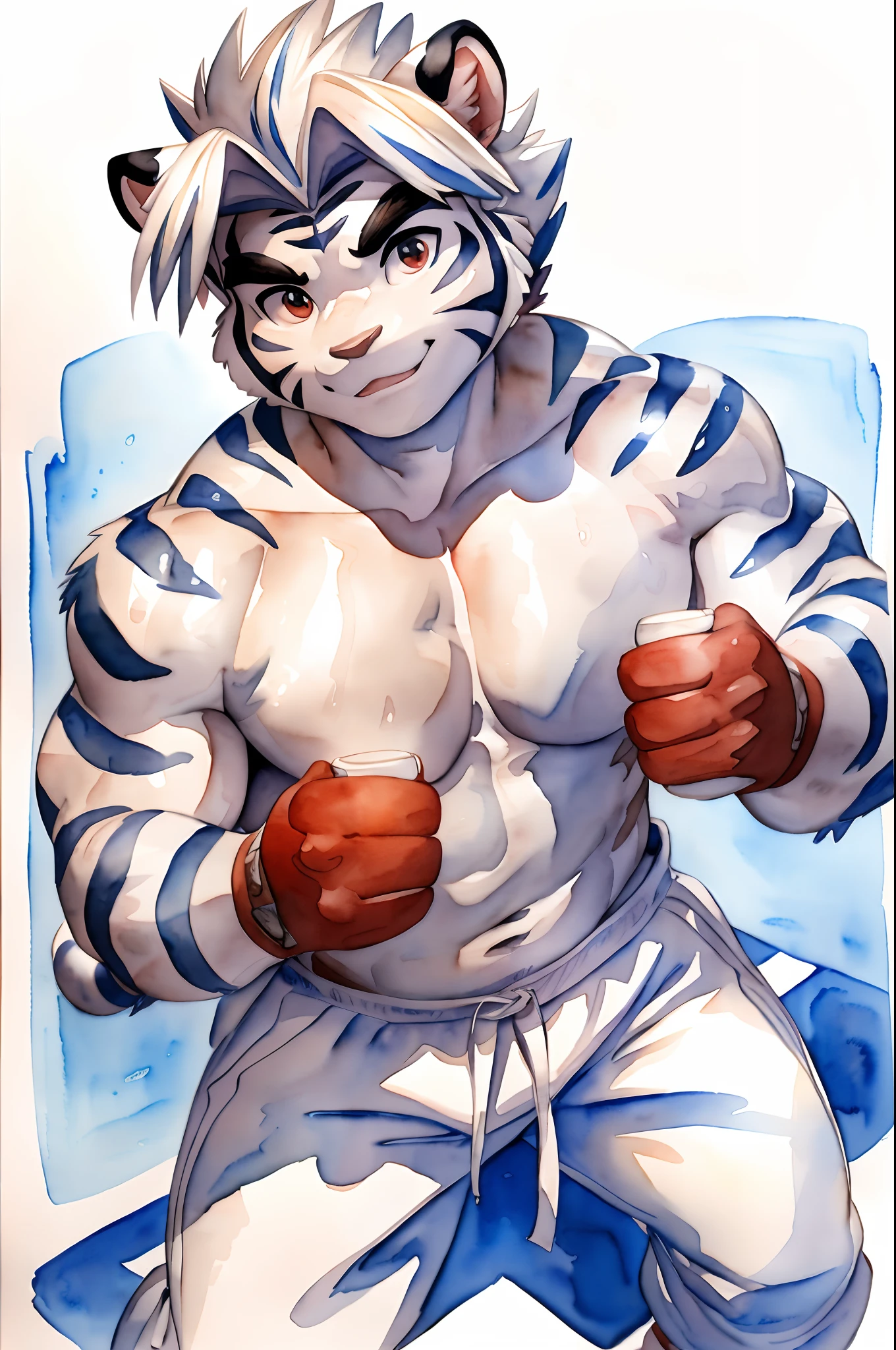 Hominidae, Pose for Camera. 4K, high resolution, Best quality, posted on e621, (An anthropomorphic white tiger:1.2), Anthropomorphic white tiger, male people, 20yr old, Thick eyebrows, Light blue stripes, Ultra-short hair, shaggy, Strong body, large pecs, ((Shirtless)), He is practicing taekwondo, Pink milk clusters, sweat leggs, White leggings sweatpants, Small raised, In the gym, 独奏, (sport, Muscular, Heavyweight:1.2), Correct anatomy, (White background, Watercolor background:1.1), (by Chunie, author:Taran Fidler:0.8), (Detailed eyes:1.2), Sexy, (cel-shaded:1.2), cartoon shading, (aquarelle:1.2), serious expressions, Be red in the face, (view the viewer:1.2)