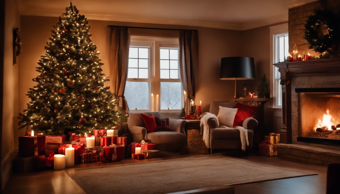 A cozy living room decorated with a roaring fireplace, a beautifully adorned Christmas tree, and stockings hanging on the mantel.