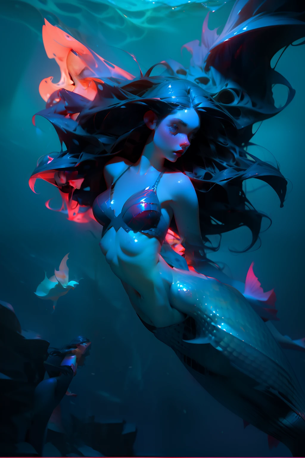 Solo, female, Solo, female, mermaid, sly look, long black hair, under the sea, dark red lips, mediumabreasts, blue eyes, under the sea, swimming,  dark light, sea, darkness, only bra front pose