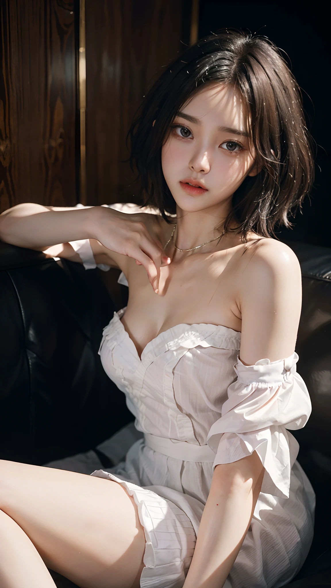 ((knee shot)), ((from below)), randome pose, mix4,(8K, RAW photo, Best quality, Masterpiece:1.2), ((Sit Pose, sitting in the couch, Cross ed leg)), (Realistic, photo-realistic:1.37),1girll,Cute,Cityscape, Night, rain, Wet, Professional lighting, フォトンマッピング, ラジオシティ, Physically-based rendering,, gradient black colour hair,, White hair, Short curly hair, Handsome, White color blouse, cropped shoulders, a black pleated skirt, top quality picture, high resolution, 1080p, (Clear face), (Detailed facial description), (Detailed hand description), (Masterpiece), (exquisite CG), Extreme light and shadow, Messy hair, Master's work, rich details, (Fine facial features), (highest quality picture), (Masterpiece), (Detailed eyes),Look ahead with your eyes,fine collar bone, Heavy makeup, Gorgeous makeup