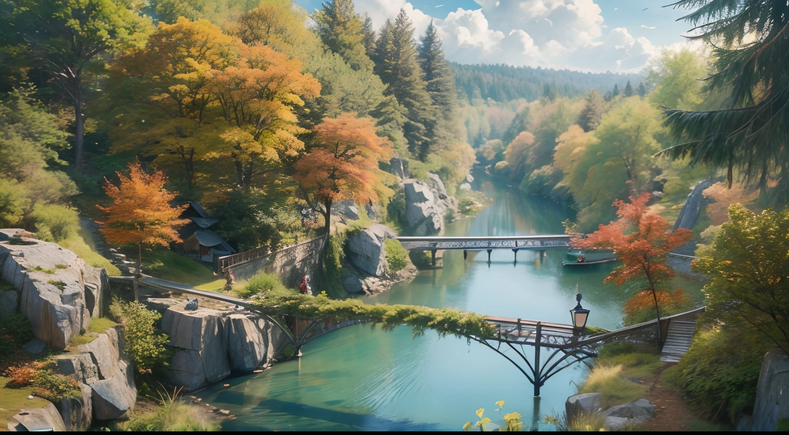 Maple Forest, small bridges, River, Blue sky, Clouds （Very detailed, Reasonable design, Clear lines, High Sharpness,Best Quality, masutepiece, 4K )