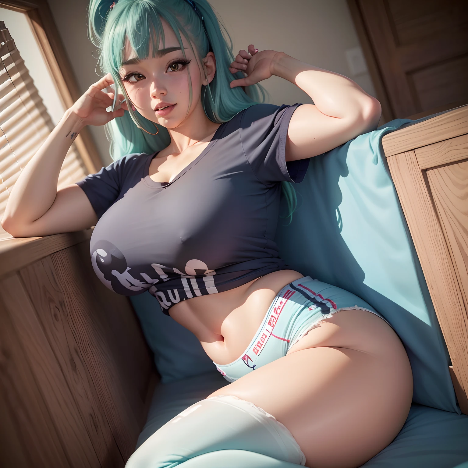 1girl , dentro do quarto, aconchegante, pallor, japanese, olho vibrante, coxa grossa, sentada na cama, ( blusa branca:1.6), huge giant boobs, olhar atraente, thicc, whole body , ((Bulma briefs)), cabelo curto, anime girl, realista, oppai , huge lips, ahegao face, sfw, shorts legging , de frente pra camera, pose ftontal, 8k, arrumado, sorrindo, thicc, mamilos saltitantes, mamilo marcado, huge nipple