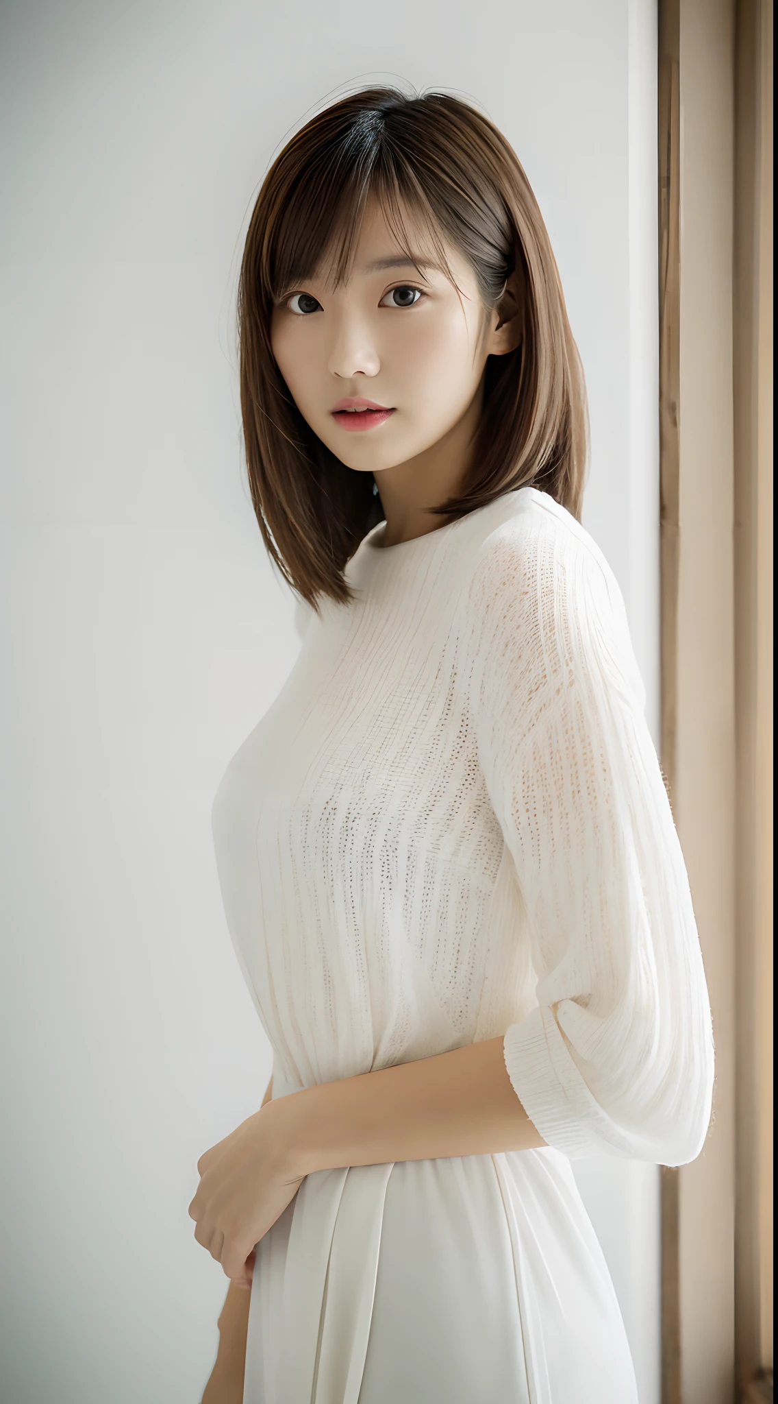 ((masterpiece,top-quality)), (photographrealistic:1.4),((masutepiece,8K)),hight resolution,Studio Soft Light, Rim Lights, vibrant detail, realistic skin textures,Japanese, 1 beautiful woman, bob Hair, faint thin bangs, make - up, 34 years old, Detailed skin, long-sleeve tunic blouse, wide-leg pants, Standing, White background, White Room,white walls, fully body photolooking at viewer